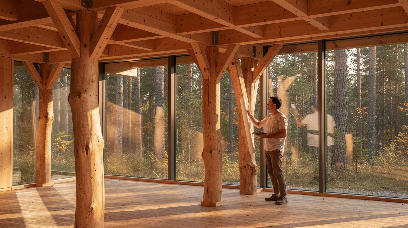 Editorial photograph inside a contemporary timber cabin in a Scandinavian spruce forest, featuring debarked spruce trunks.