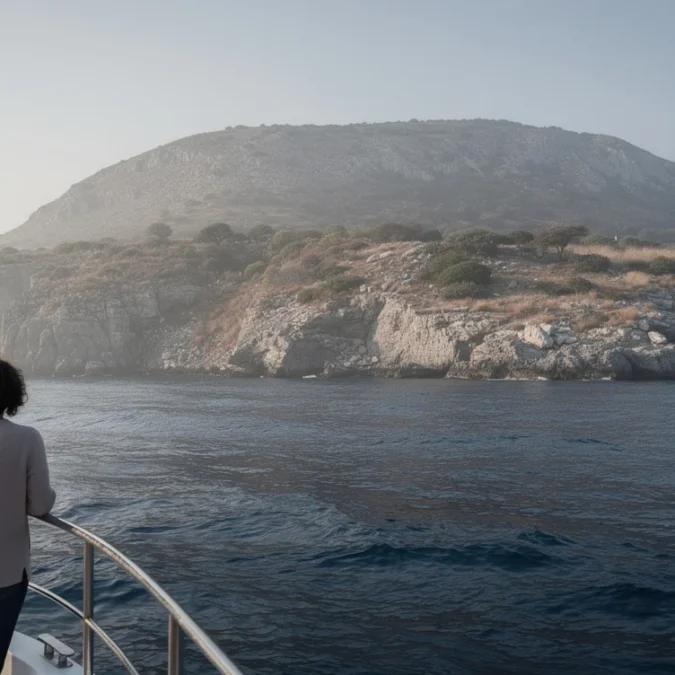Editorial photograph from a small passenger boat approaching Sazan island, Albania, with its rugged coastline.