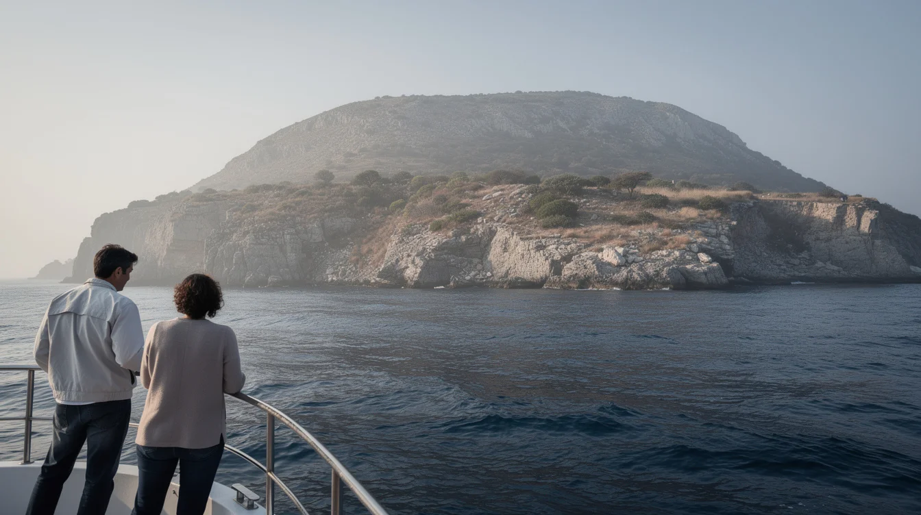 Editorial photograph from a small passenger boat approaching Sazan island, Albania, with its rugged coastline.