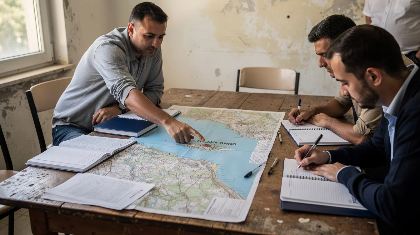 Illustrative editorial photograph in a modest meeting room in Vlorë, Albania: several adults examine a large.