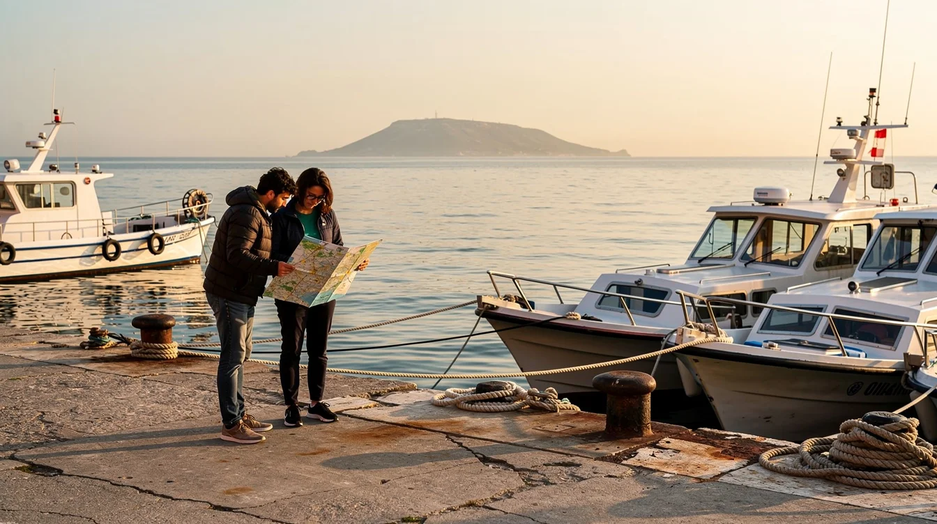 Illustrative editorial photograph at the waterfront in Vlorë, Albania, looking across the bay toward the distant.