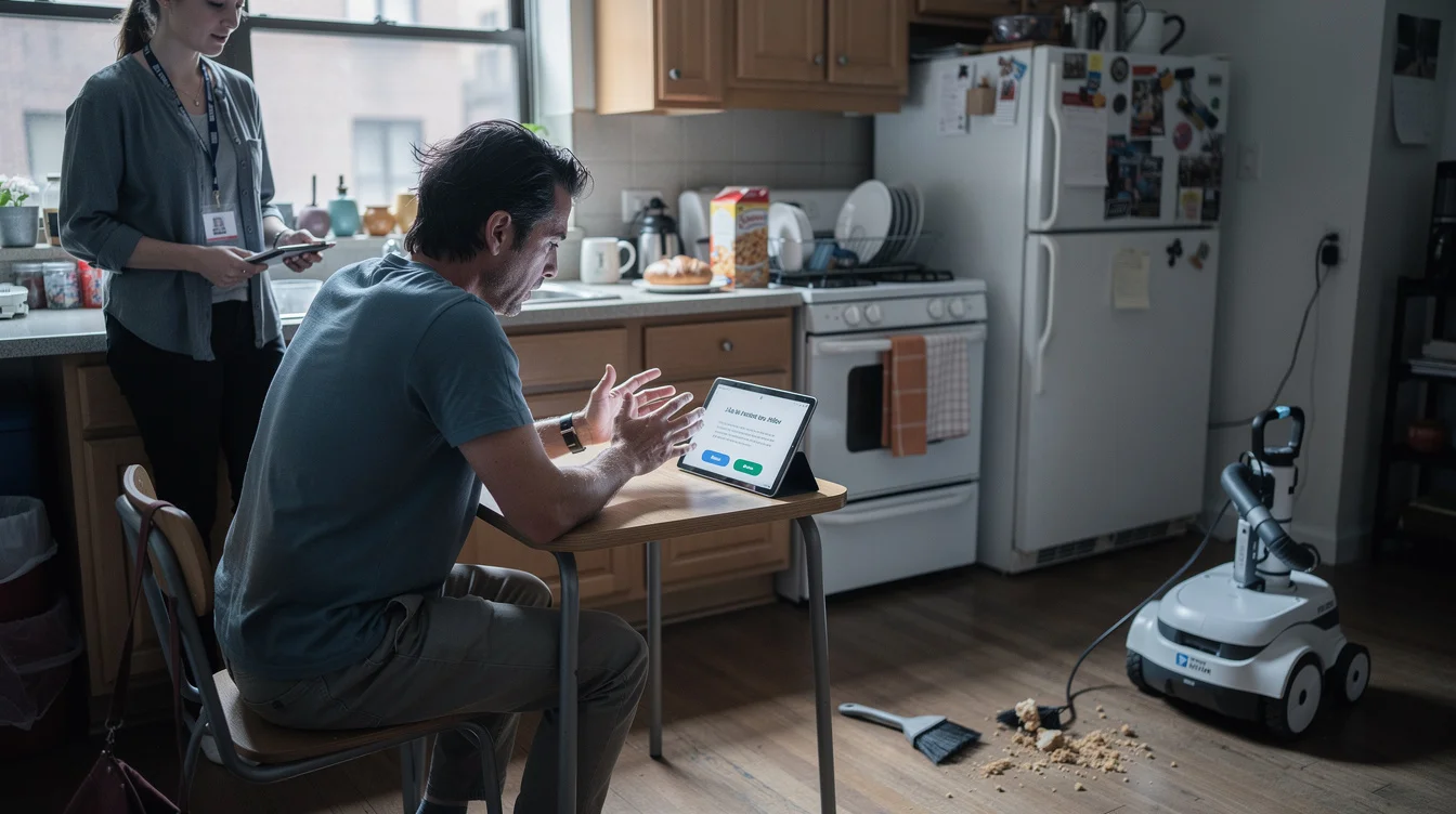Editorial photograph of a staged domestic robotics interface test in a New York apartment kitchen..