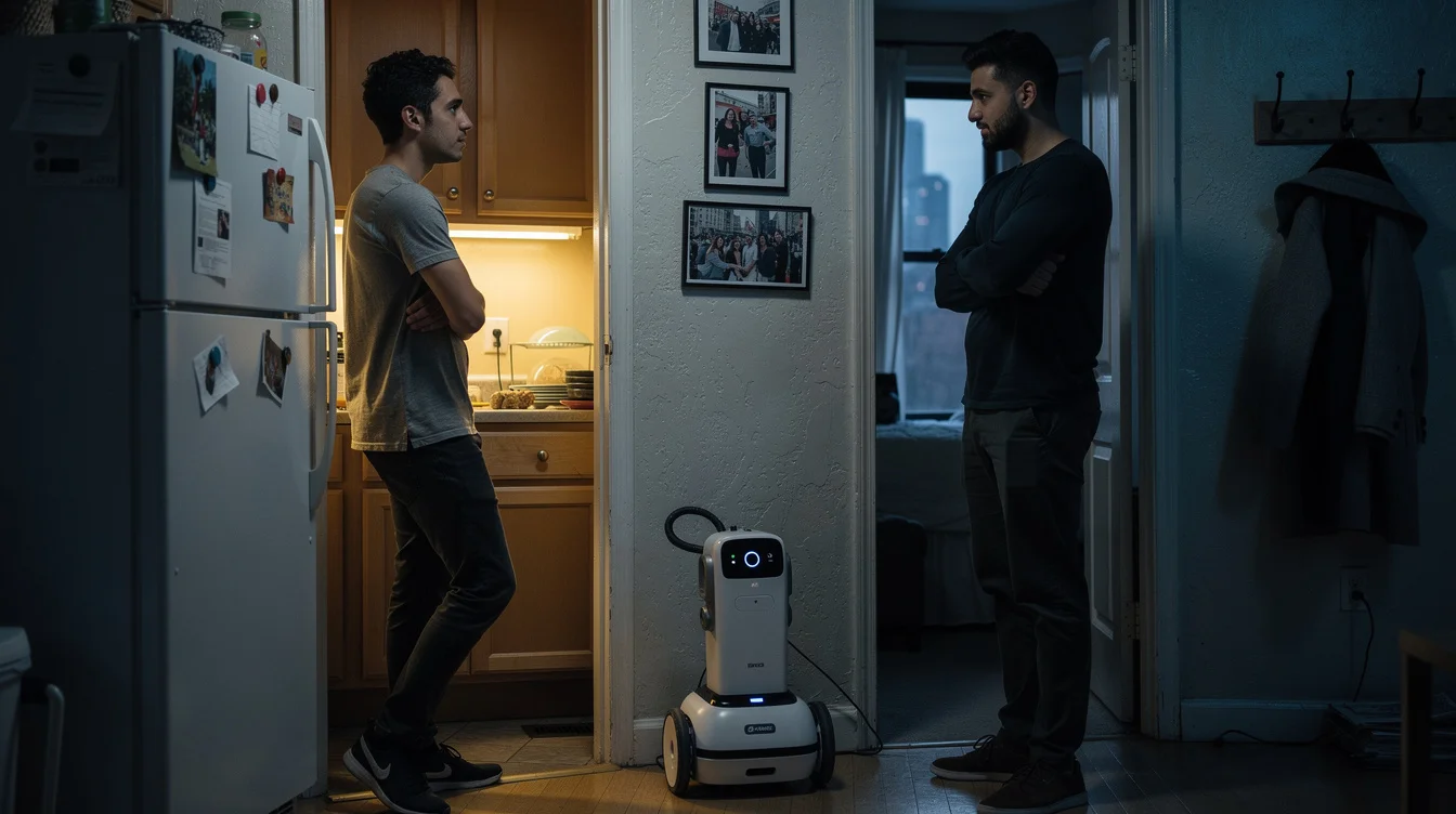 Wide editorial photograph of a staged household robotics discussion in a modest New York apartment.