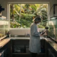Editorial photograph inside a modest amphibian conservation facility in Panama, looking along a service aisle.