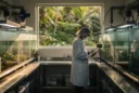 Editorial photograph inside a modest amphibian conservation facility in Panama, looking along a service aisle.