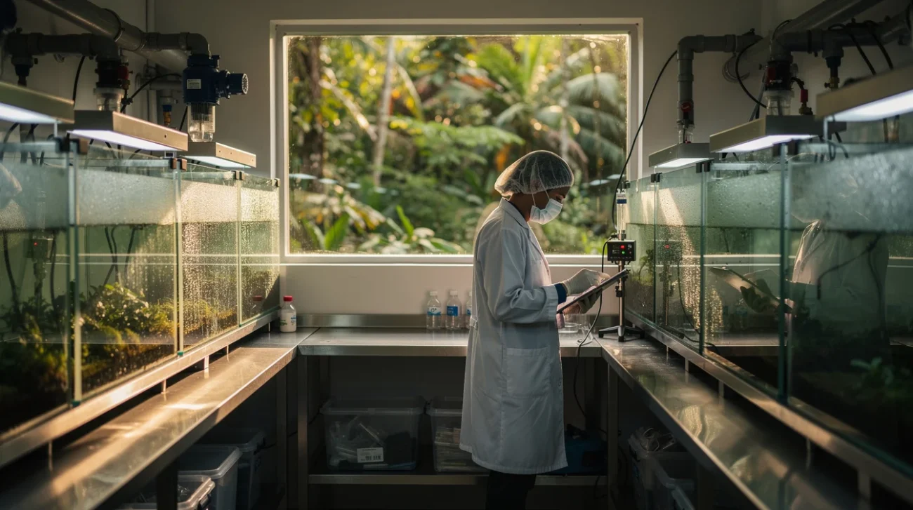 Editorial photograph inside a modest amphibian conservation facility in Panama, looking along a service aisle.