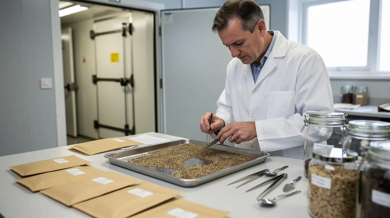 Editorial photograph in a seed conservation laboratory in southern England, showing a technician examining dried seeds.