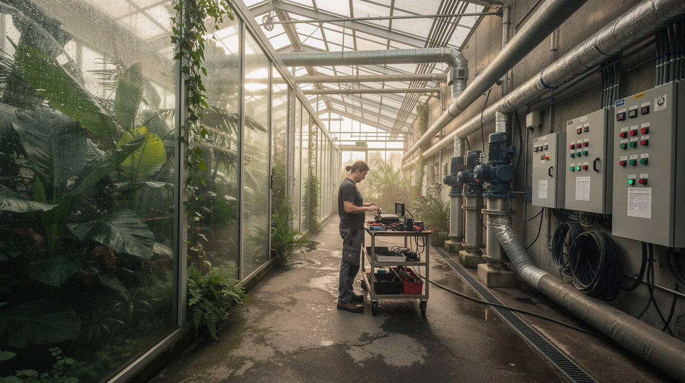 Editorial photograph from the maintenance corridor of a conservation greenhouse, with dense planting behind glass.