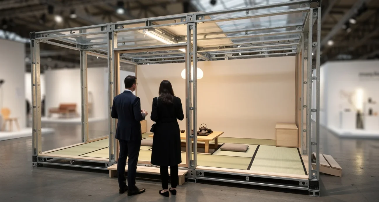 Editorial photograph interpreting the collectible-architecture debate at Design Miami.Paris: a modest demountable house displayed inside.
