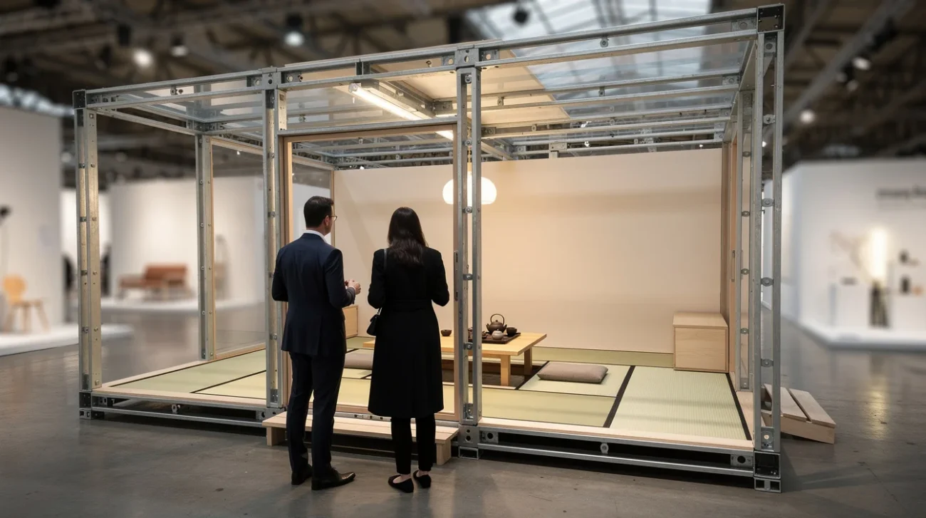 Editorial photograph interpreting the collectible-architecture debate at Design Miami.Paris: a modest demountable house displayed inside.