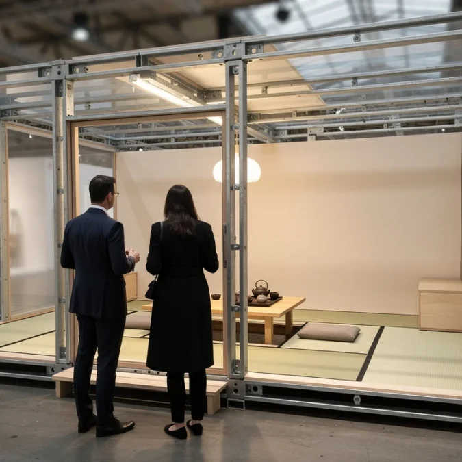 Editorial photograph interpreting the collectible-architecture debate at Design Miami.Paris: a modest demountable house displayed inside.