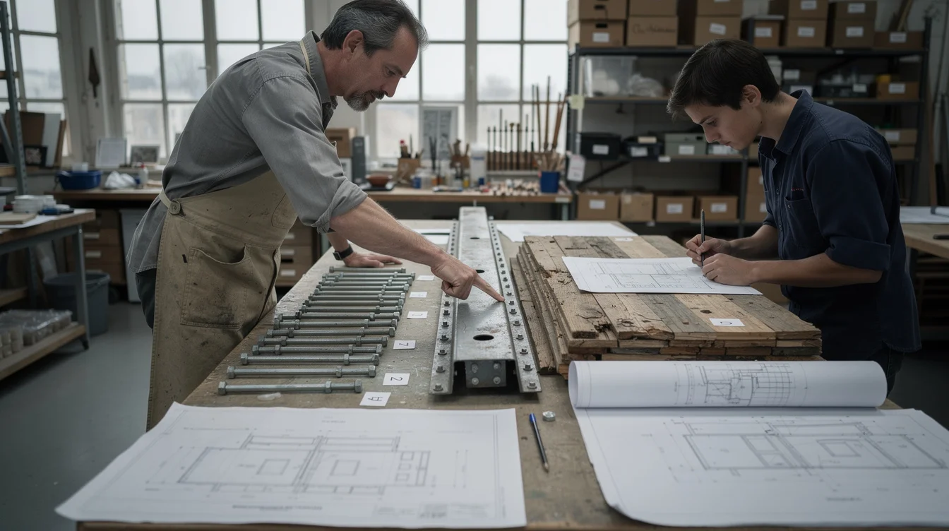 Editorial photograph inside a Paris architectural conservation workshop: a conservator and a younger technician examine.
