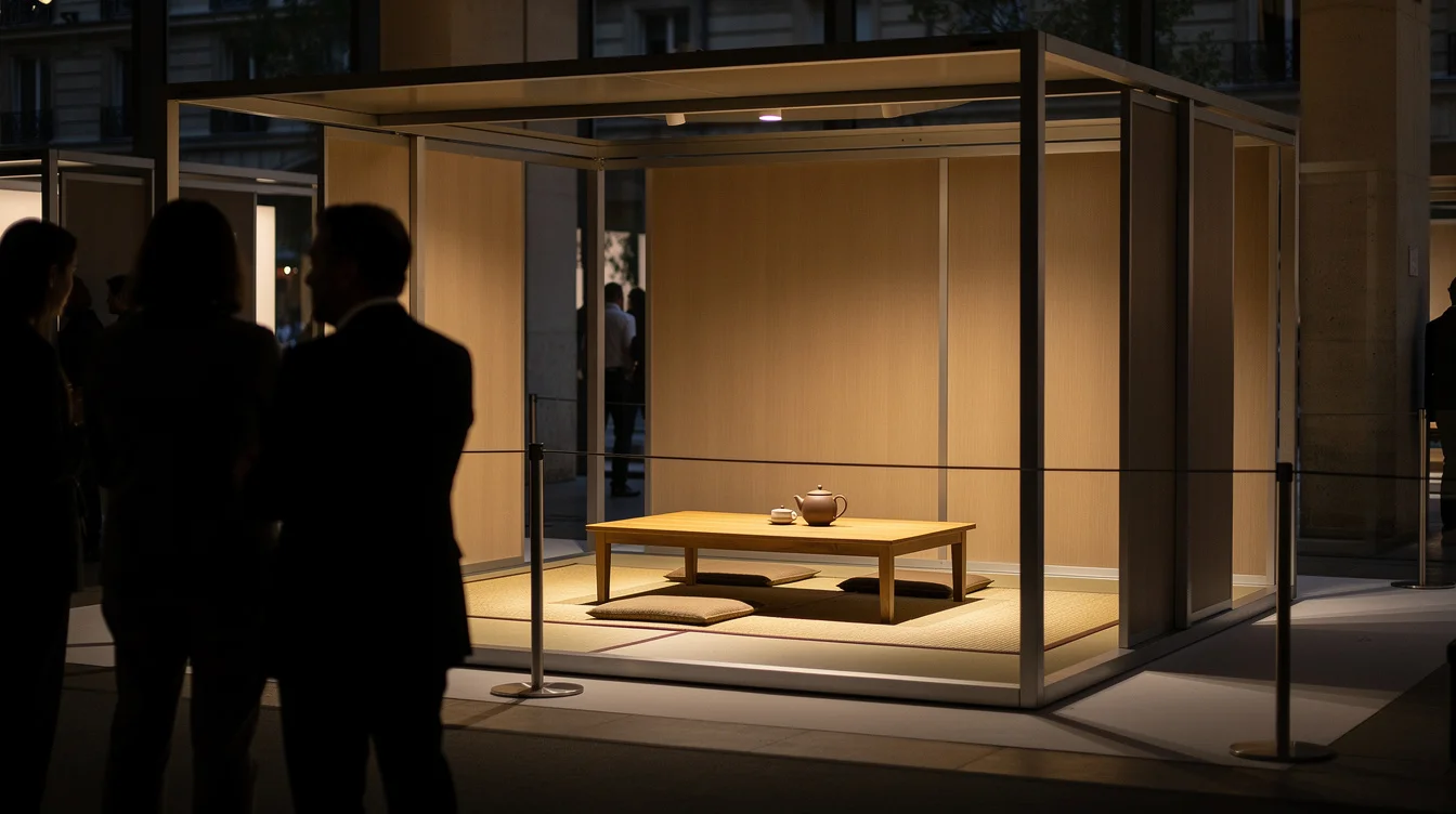 Editorial photograph of a conceptual collectible-design display in Paris, informed by Design Miami.Paris: visitors stand outside.
