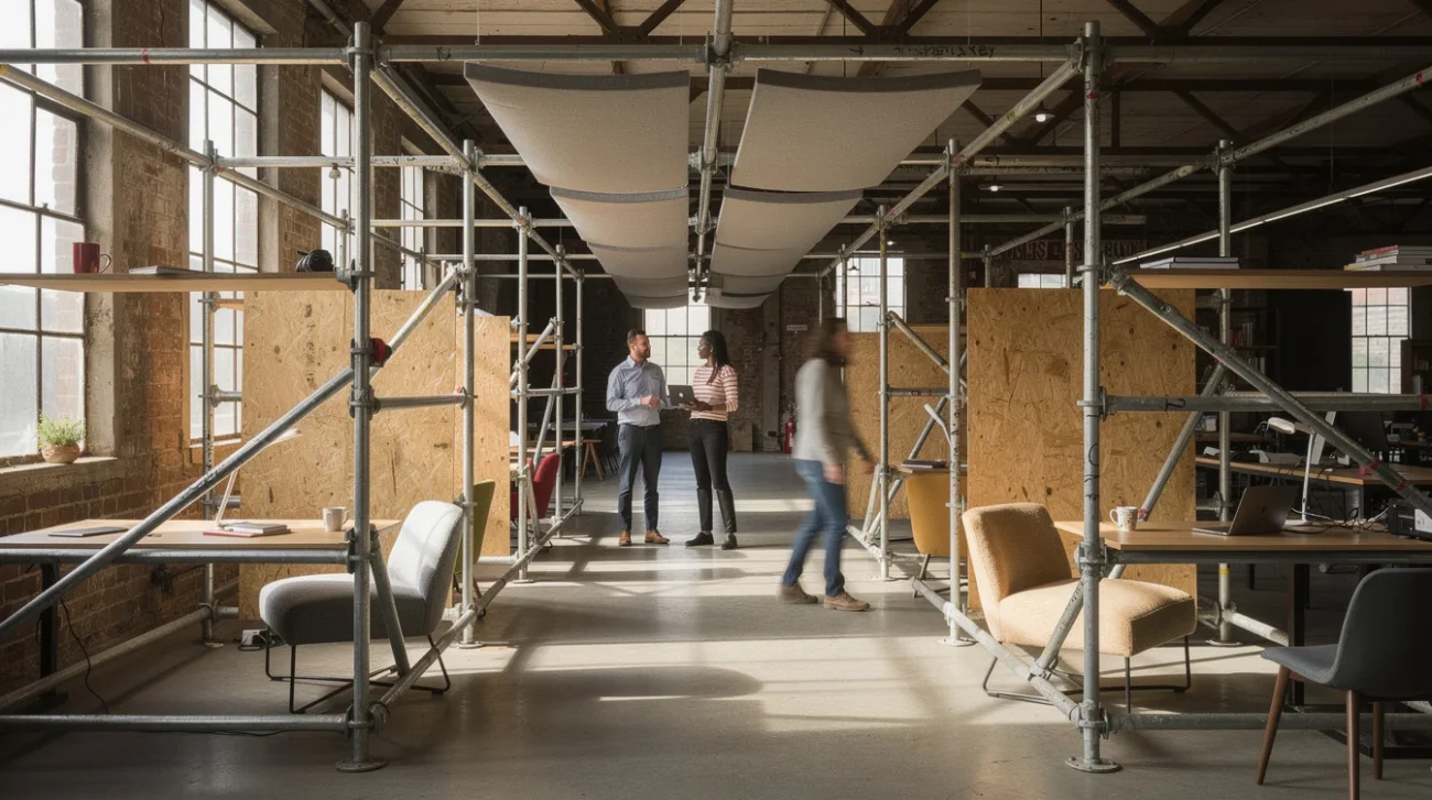 Editorial photograph of a converted warehouse workspace fitted with reused galvanized steel scaffolding, visible couplers.
