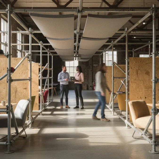 Editorial photograph of a converted warehouse workspace fitted with reused galvanized steel scaffolding, visible couplers.