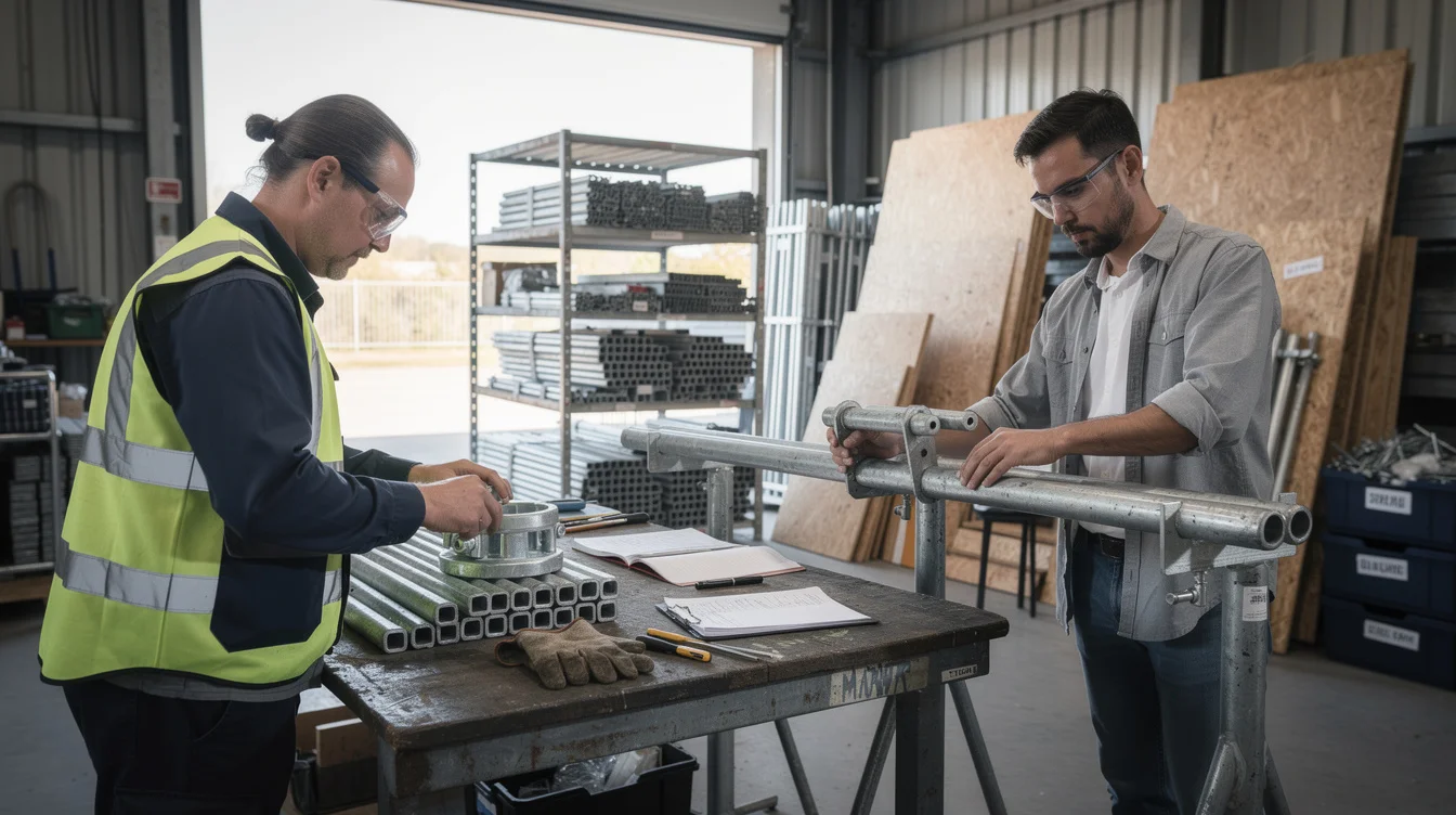 Editorial photograph inside a scaffolding supplier's covered workshop, where a technician inspects a galvanized steel coupler.