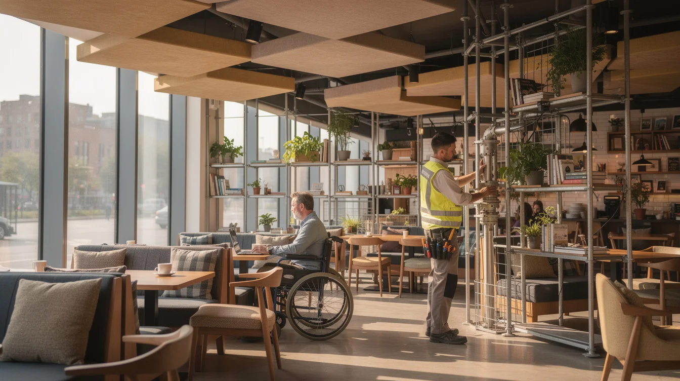 Editorial photograph in an occupied café with exposed steel scaffolding used as an interior shelving framework..