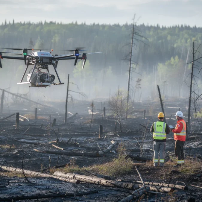 Editorial photograph of drone-assisted reseeding in a wildfire-damaged boreal landscape in northern Quebec, Canada. An unbranded.