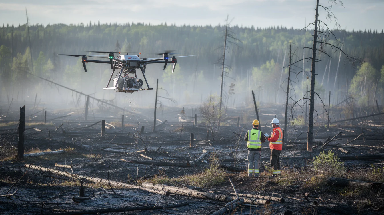 Editorial photograph of drone-assisted reseeding in a wildfire-damaged boreal landscape in northern Quebec, Canada. An unbranded.