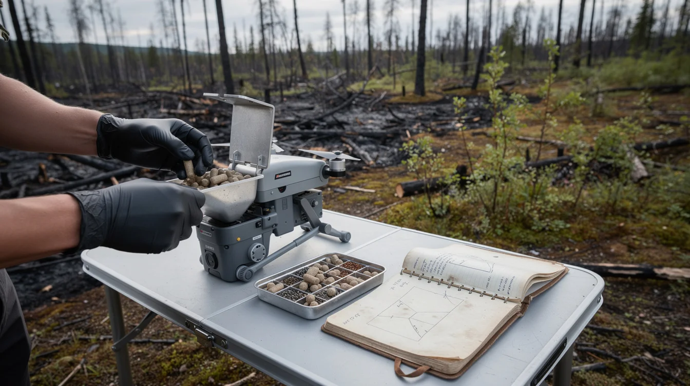 Documentary editorial photograph at a temporary reforestation field station in northern Quebec. A technician’s gloved hands.