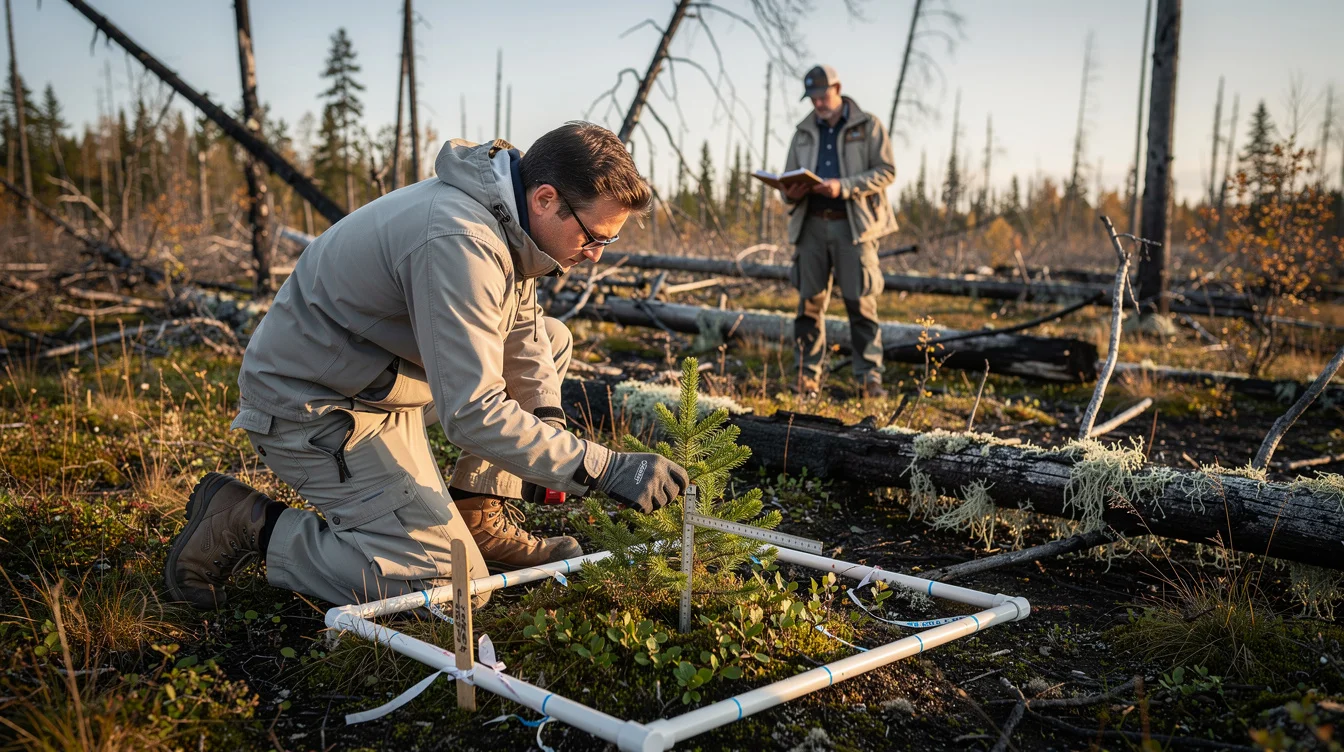 Editorial photograph of ecological monitoring in a wildfire-damaged forest in northern Quebec. A field ecologist kneels.