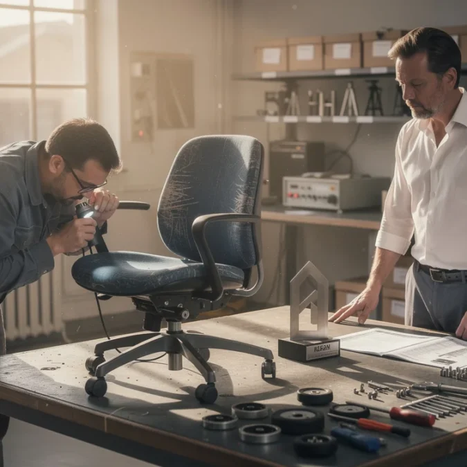 Editorial photograph of a staged design-award reassessment in a German product-testing workshop: a scratched office chair.