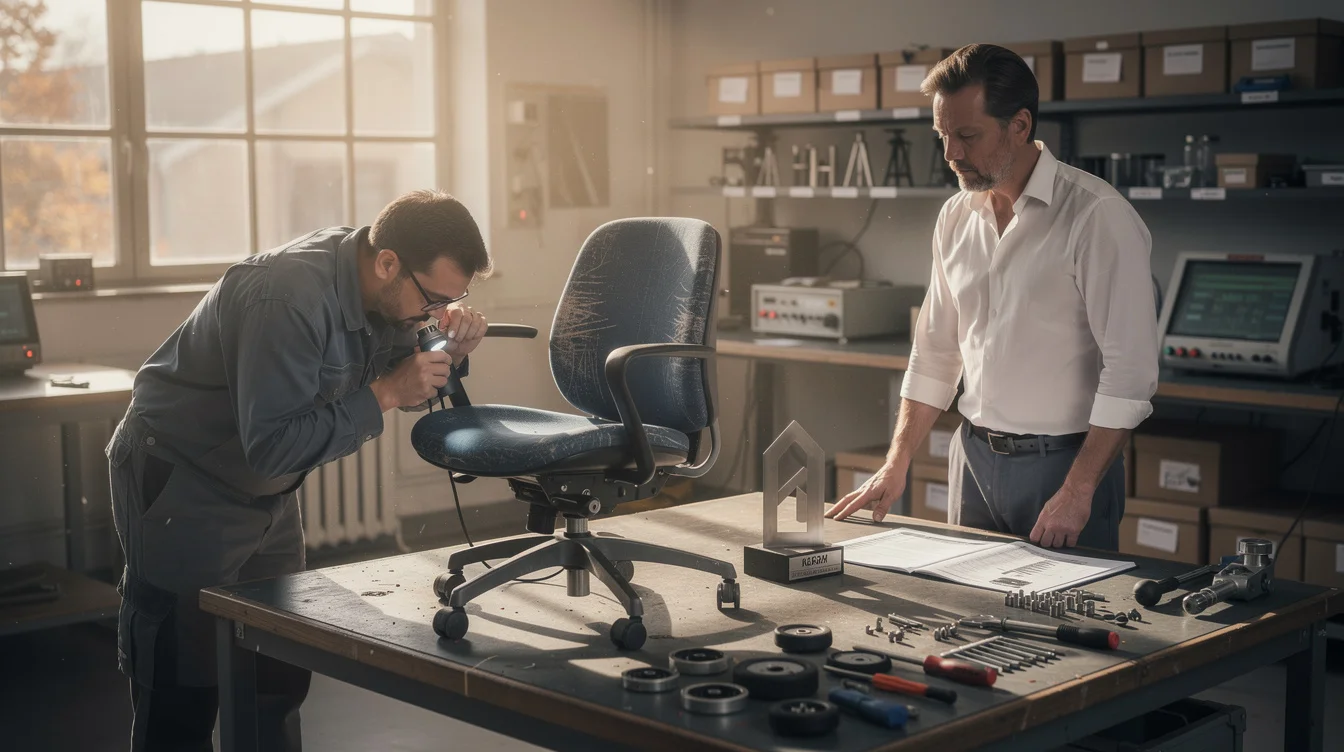 Editorial photograph of a staged design-award reassessment in a German product-testing workshop: a scratched office chair.