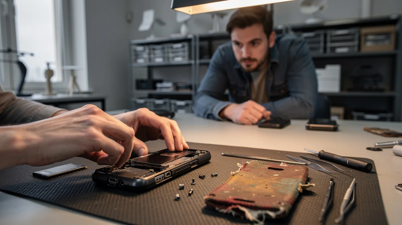 Editorial photograph inside a German industrial-design repair studio, showing a technician’s hands opening a modular smartphone.