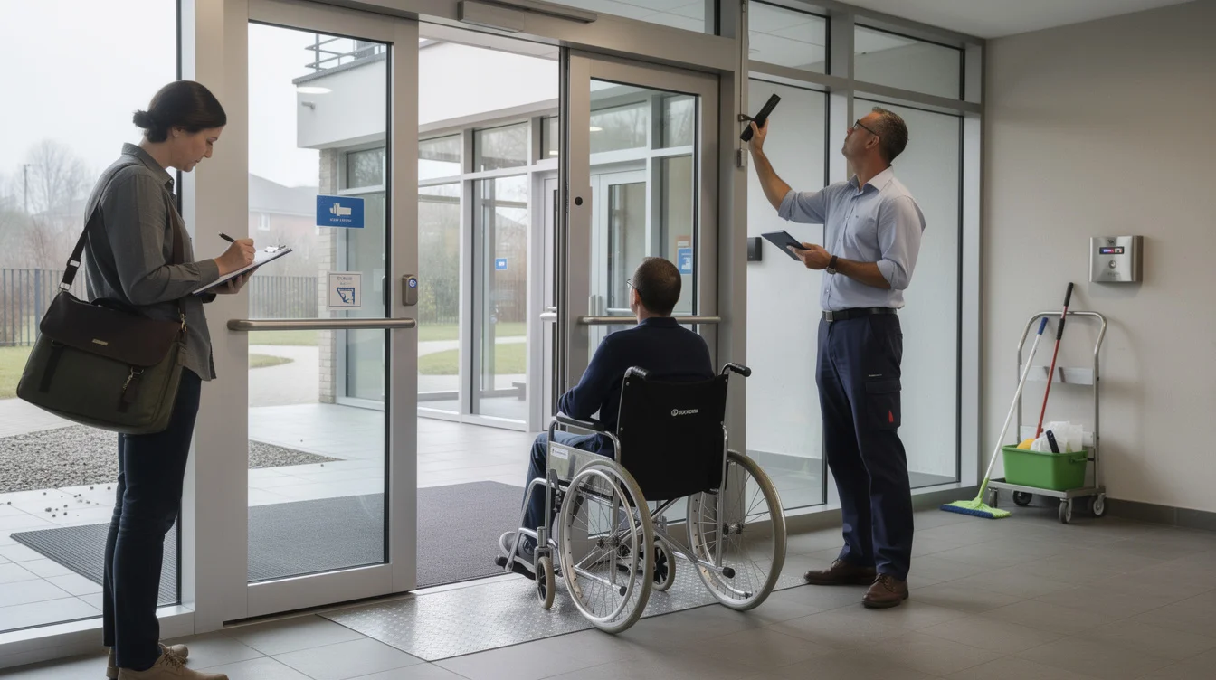 Editorial photograph of a post-occupancy review in a contemporary apartment building’s shared entrance: a wheelchair user.