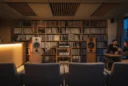 Editorial photograph inside a Japanese-inspired listening bar in London near the Barbican at blue hour. Two.
