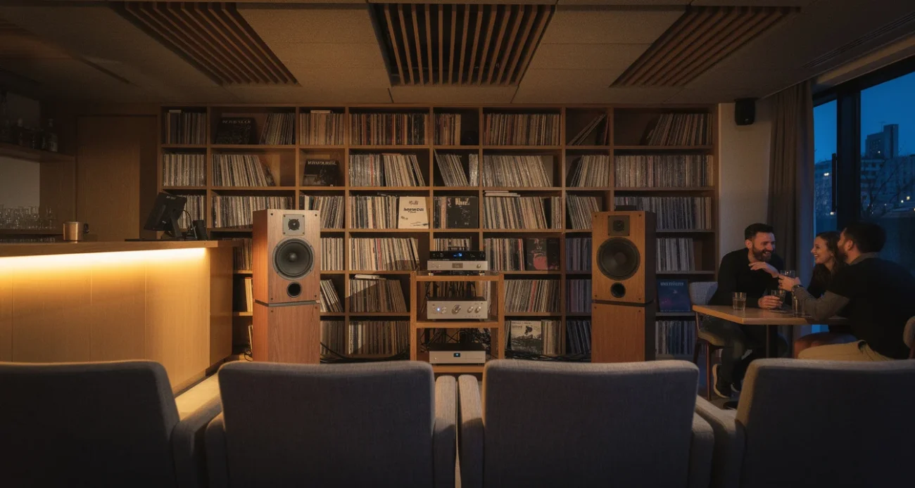 Editorial photograph inside a Japanese-inspired listening bar in London near the Barbican at blue hour. Two.