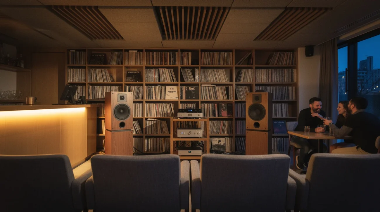 Editorial photograph inside a Japanese-inspired listening bar in London near the Barbican at blue hour. Two.