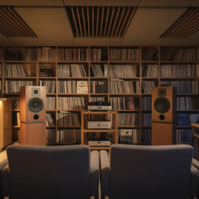 Editorial photograph inside a Japanese-inspired listening bar in London near the Barbican at blue hour. Two.