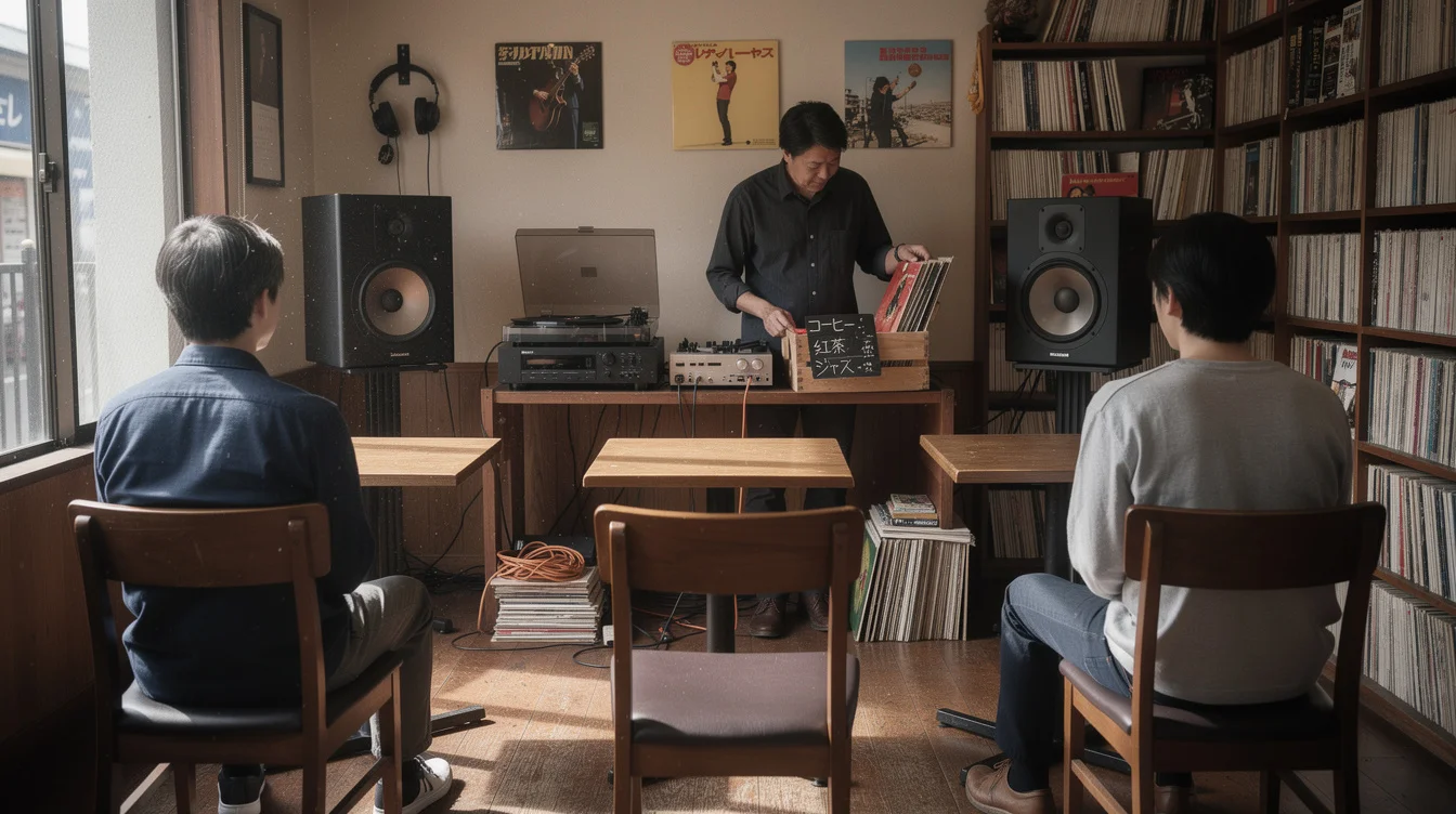 Editorial interior photograph of a small jazz listening café in Tokyo during a quiet afternoon. Three.