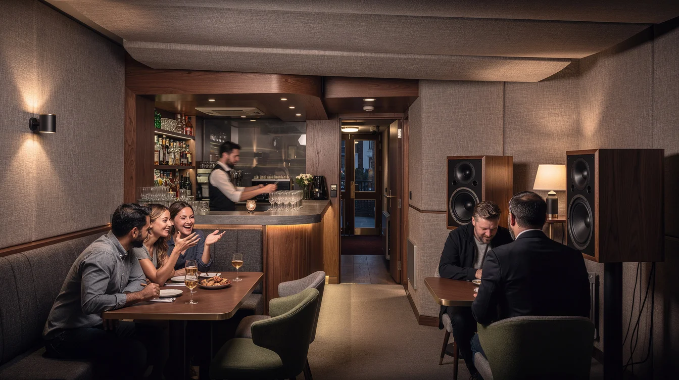 Editorial photograph inside a compact London listening bar in the early evening, viewed diagonally across two.