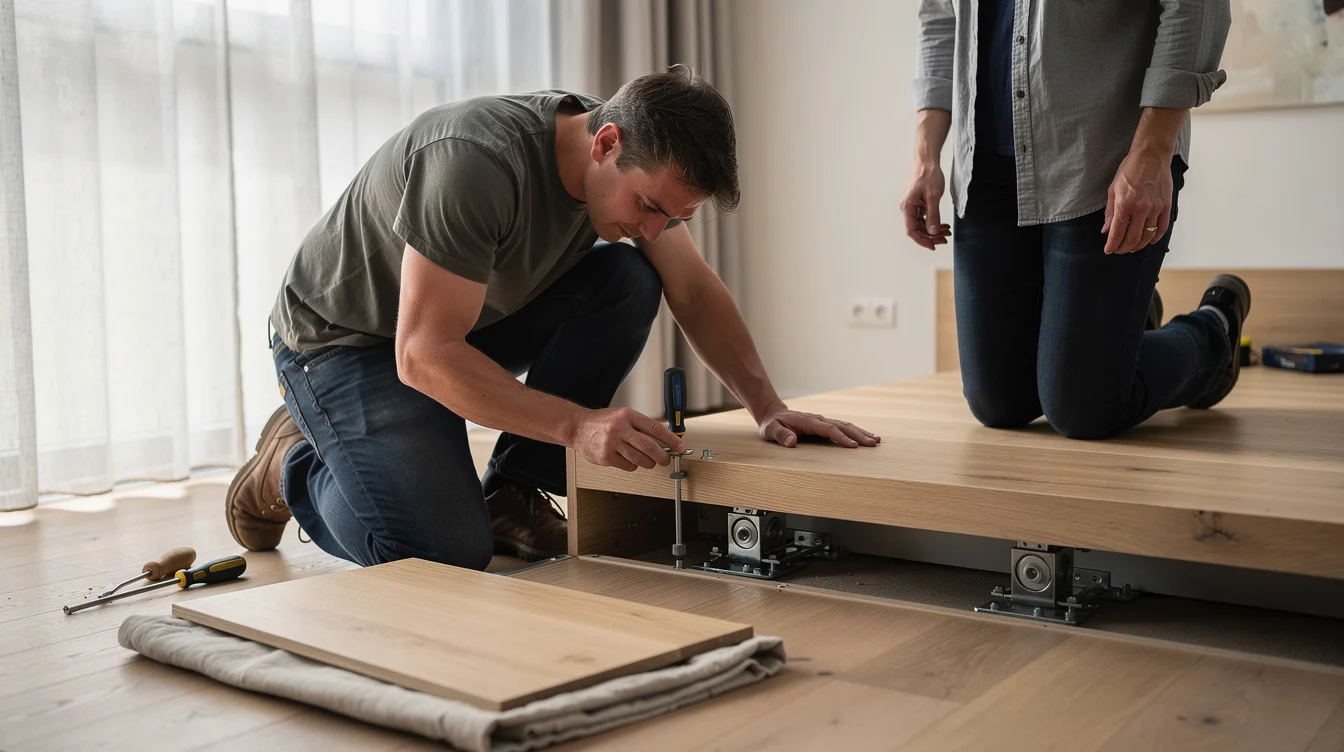 Close editorial photograph inside an illustrative Düsseldorf apartment renovation: a carpenter kneels beside a stepped timber.