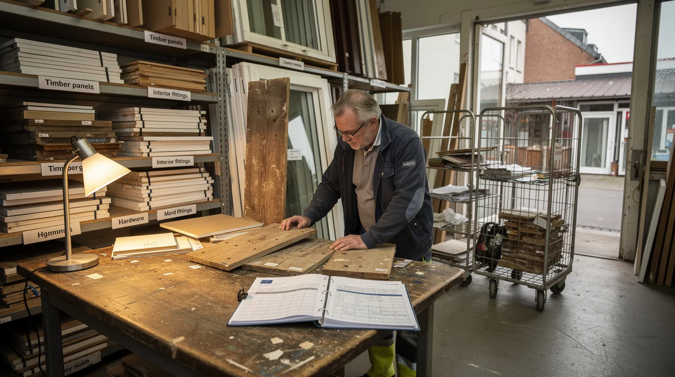 Editorial photograph in a small Düsseldorf architectural salvage workshop, where a resident and a reuse specialist.