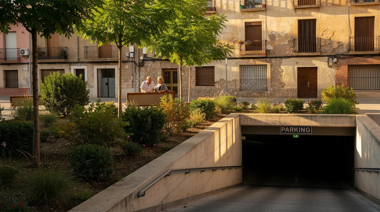 Editorial photograph in Zaragoza’s historic center, a planted public square beside an underground parking entrance, framed.