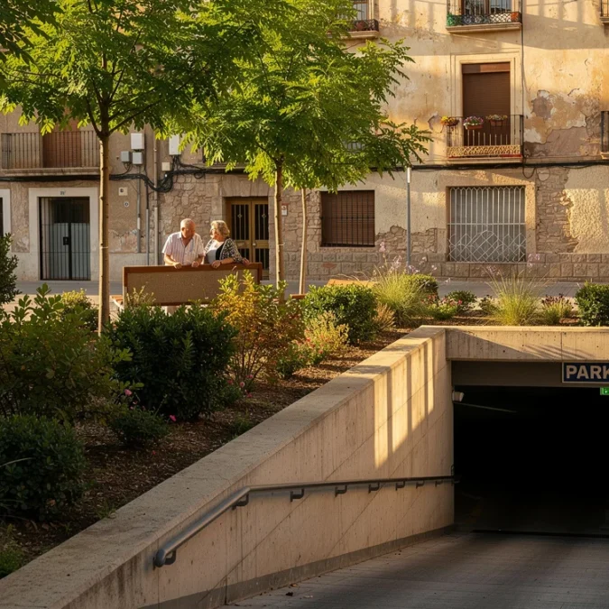 Editorial photograph in Zaragoza’s historic center, a planted public square beside an underground parking entrance, framed.