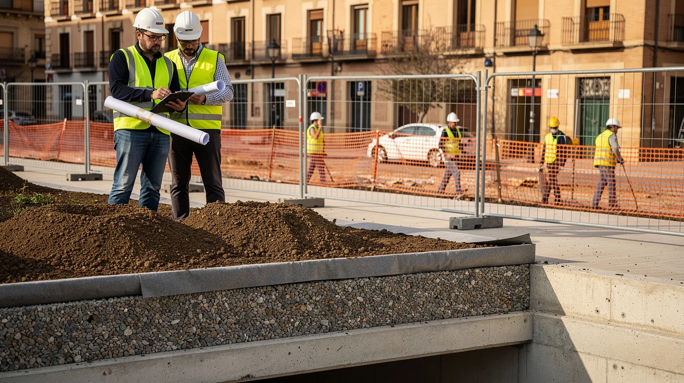 Editorial photograph at an urban landscape construction site in Zaragoza, Spain: a landscape architect and structural.