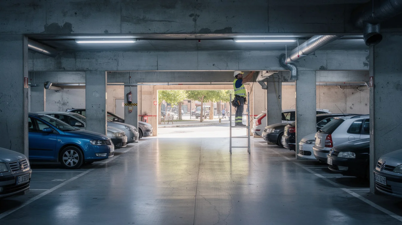 Editorial photograph inside an underground car park in central Zaragoza, Spain, looking along concrete columns toward.