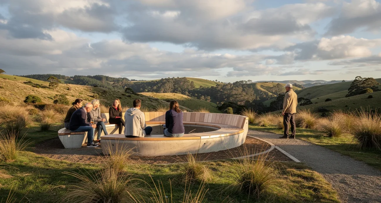 Editorial photograph of a sculptural outdoor gathering place in a New Zealand landscape, with several adults.
