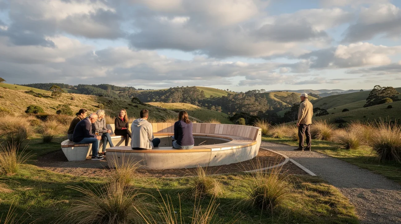 Editorial photograph of a sculptural outdoor gathering place in a New Zealand landscape, with several adults.