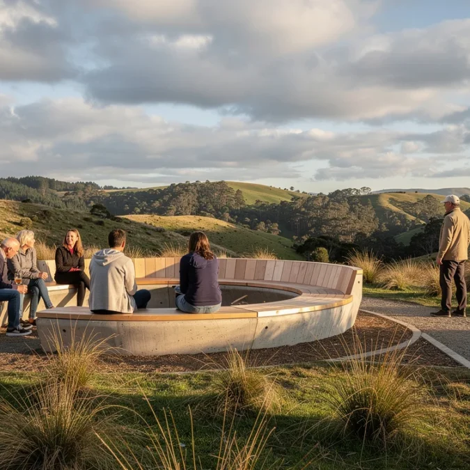 Editorial photograph of a sculptural outdoor gathering place in a New Zealand landscape, with several adults.