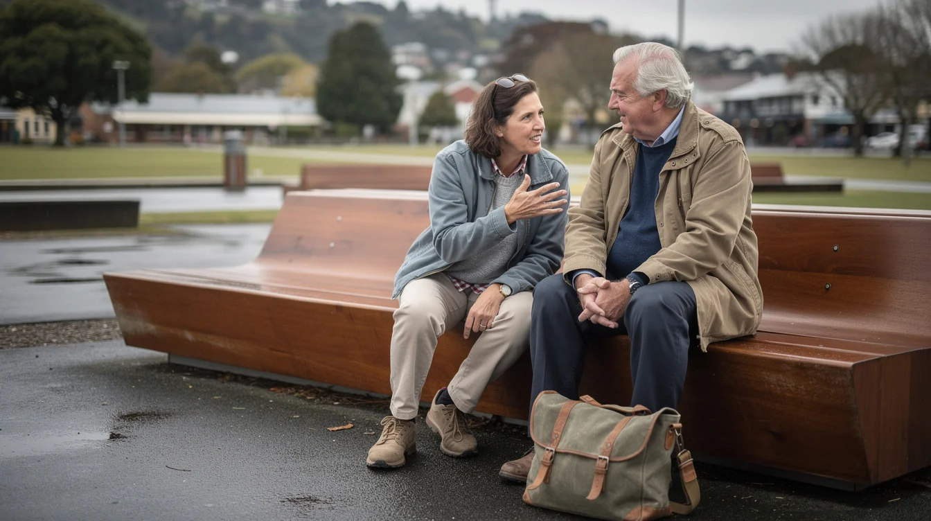 Editorial photograph at an unnamed public gathering place in New Zealand, showing two older friends.