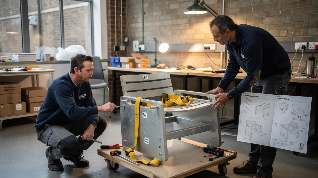 Editorial photograph inside a London product-design workshop, where two technicians examine a full-scale outdoor seating prototype.