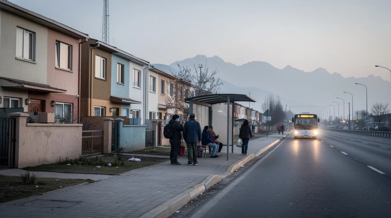 Editorial photograph on Santiago de Chile’s metropolitan edge at early morning, showing low-rise subsidised housing beside.