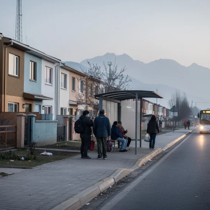 Editorial photograph on Santiago de Chile’s metropolitan edge at early morning, showing low-rise subsidised housing beside.