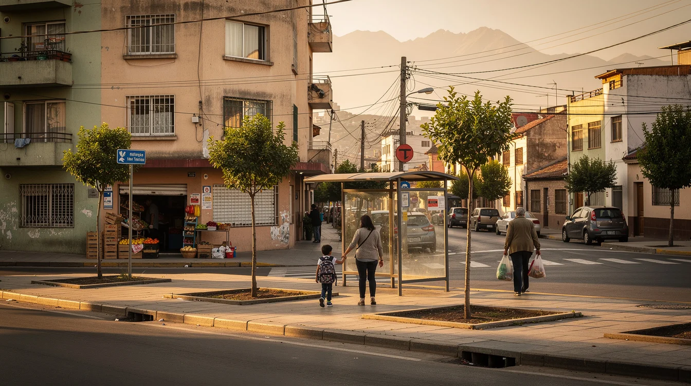 Street-level editorial photograph in an established residential neighbourhood of Santiago de Chile, with modest apartment buildings.