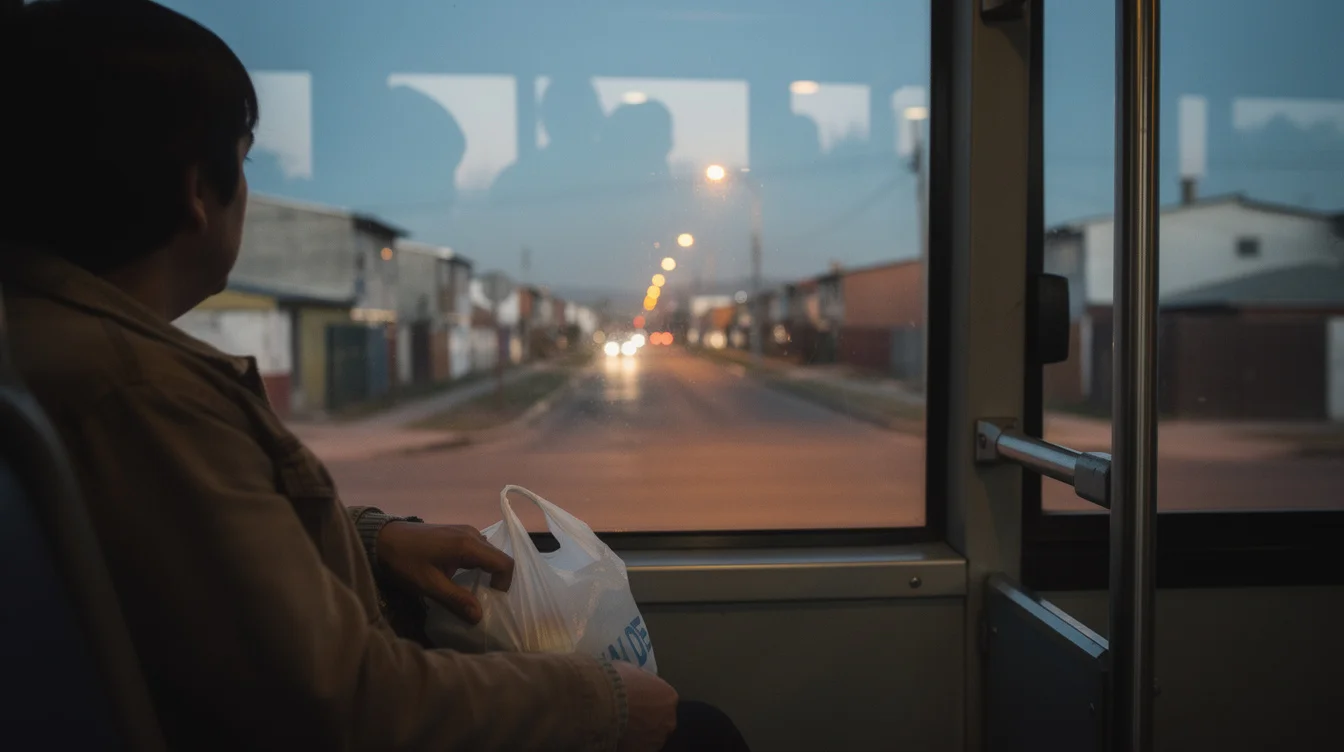 Documentary editorial photograph from inside a city bus travelling through peripheral Santiago de Chile at dusk..
